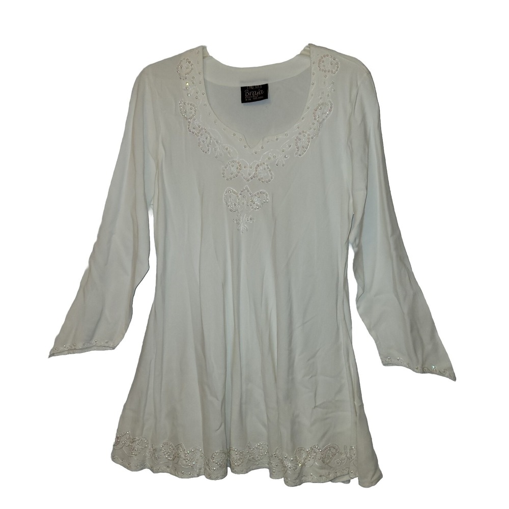 Braja Exclusives White Sequin Embroidered Tunic Top Long Sleeve Boho‎ Free Size